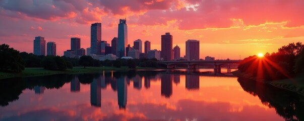 Golden hour sunset, Dallas skyline mirrored in Trinity River's calm waters , photography, panorama