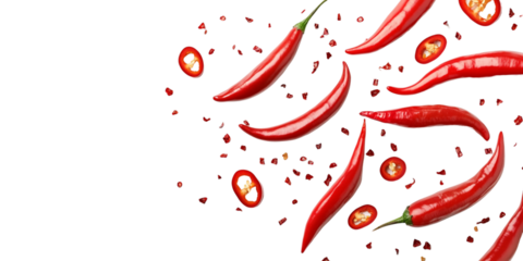 Chili peppers and chili slices flying on a transparent background