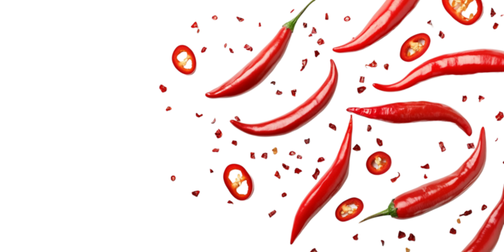 Chili peppers and chili slices flying on a transparent background
