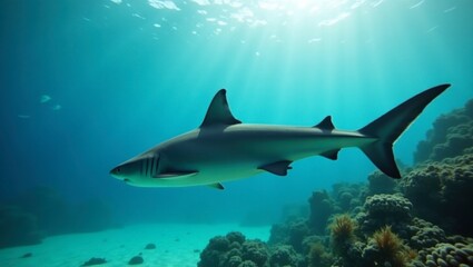 Fototapeta premium Shark Swimming Underwater Near Coral Reef with Sunlight Streaming Through Water