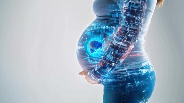 A pregnant individual stands confidently with a glowing, synthetic overlay illustrating bioengineering concepts.