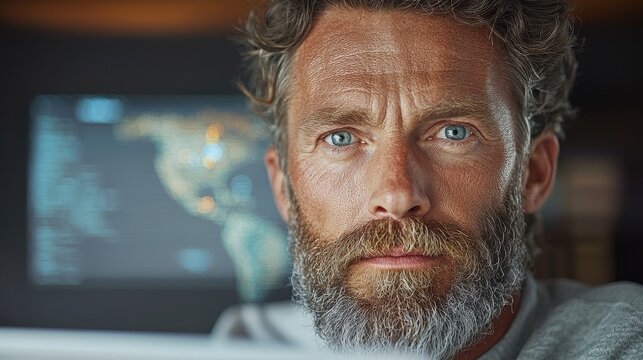 Close Up Portrait of Bearded Man with Textured Overlay, World Map Background