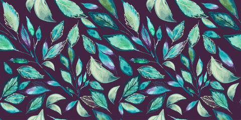 Leafy seamless pattern. Leaf, leaves, green branch textile fabric, texture background. Watercolor twig, seeds, leaf. Greenery decorative paper print. Hand drawing. Not AI, Vector illustration