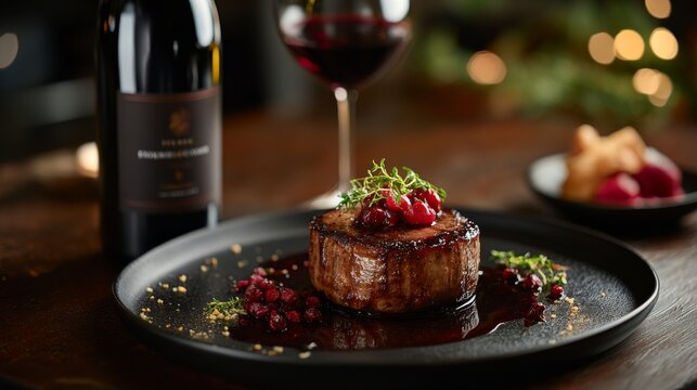 Gourmet steak served with red wine and garnished with fresh berries in an elegant dining setting