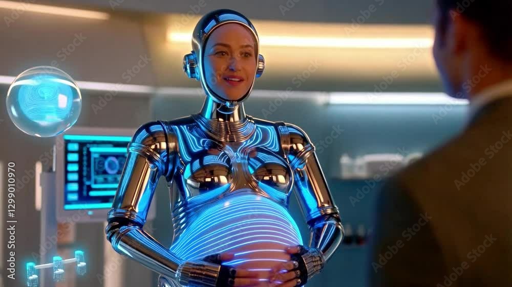 Aufkleber A sophisticated surrogate robot embodies bioengineering principles while demonstrating maternal capabilities. The scene highlights a blend of technology and human emotion in prenatal care.