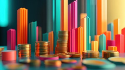3D digital illustration of financial trading concepts with colorful bar graphs and stacked coins, symbolizing economic growth and investment opportunities
