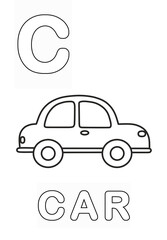  Alphabet Coloring Page for Kids. Children's Coloring Activity sheet. Cute Car Illustration to Color.