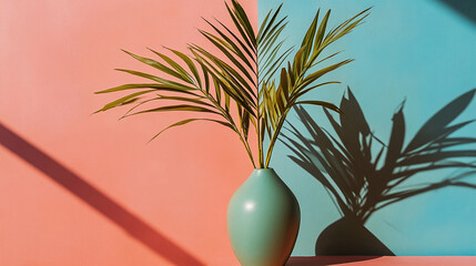 Obraz premium Palm leaves in a teal vase against a dual-toned wall, casting artistic shadows.
