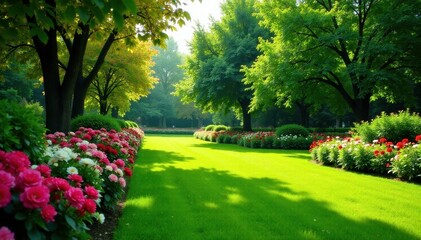 Lush green lawn, vibrant flowerbeds, mature trees, green, horticulture