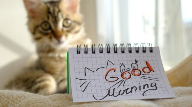 Text Good Morning on paper, handwriting on notepad. Motivation. Love. Atmospheric mood. Cute british shorthair kitten next window, relaxation. Have a nice day