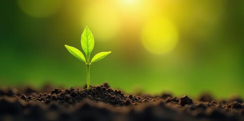 Soft earthy tones envelop a lone green sprout, sunlight, vegetation, growth