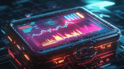 Futuristic financial suitcase with neon graphs and charts on a digital interface, representing technology and data analysis in finance.