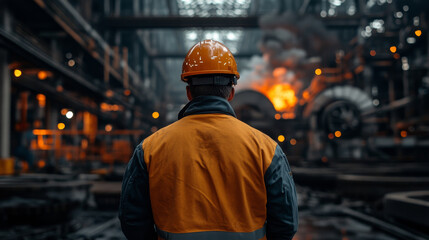 worker in orange safety vest and helmet stands in factory, observing machinery and flames in background, conveying sense of focus and determination