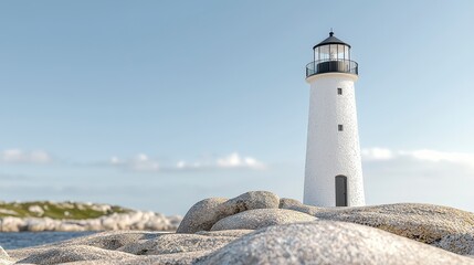 Coastal Lighthouse Stands Tall on Rocky Shoreline Under Blue Sky