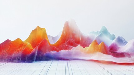 Intricate data visualization with intersecting vibrant line charts and bar graphs set against a clean grid on a white background representing multi layered data analysis for business