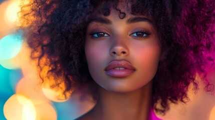 Fototapeta premium Captivating portrait of a young woman with curly hair in a vibrant, colorful setting during evening dusk