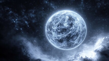 frozen planet orbiting a dying star, showcasing the jagged frost patterns across its polar caps reflected by the dim starlight