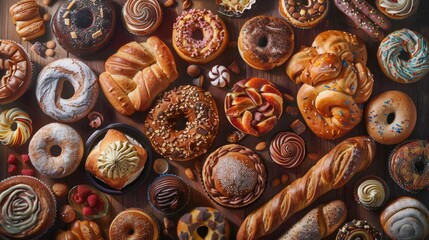 A composition of bread and various buns, donuts, cupcakes. View from above.