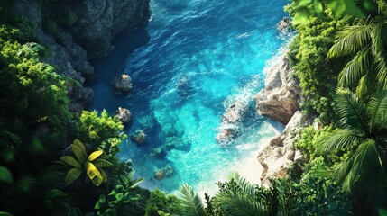 Fototapeta premium Tropical Paradise Island Aerial View with Turquoise Ocean Water and Lush Green Vegetation