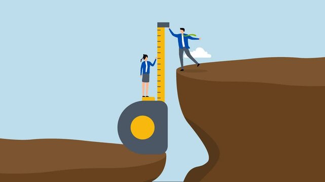 Gap analysis, 4k animation of business people measuring gap between cliff.