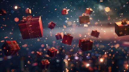 Packed gifts fly against the background of space or the galaxy. A magical festive mood.