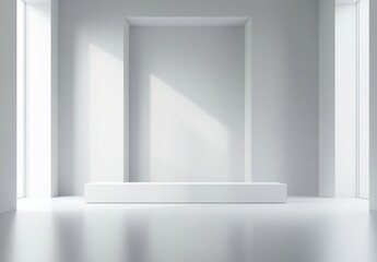 Modern minimalist interior design featuring a bright, spacious room with natural light and clean lines ideal for showcasing products or art installations