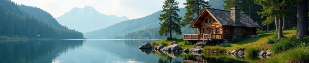 Rustic lakeside cabin, nestled among towering pines , lakehouse, nature