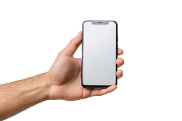 Hand holding a modern smartphone with a blank screen, isolated on a transparent background