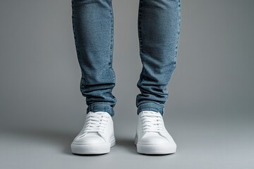 Close-up of a woman's legs in white sneakers on a wooden floor, sitting on a home sofa wearing jeans and socks. Close-up photo of a young female model wearing stylish shoes, 