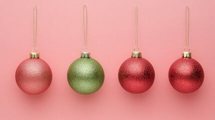 Shiny red and green Christmas ornaments hanging against pink background, creating festive and cheerful atmosphere for holiday season