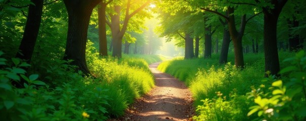 Fototapeta premium Sun-dappled trail, winding through lush greenery, wildflowers, landscape