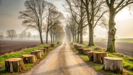 Serene Country Road Lined with Ancient Trees and Tree Stumps on a Misty Morning