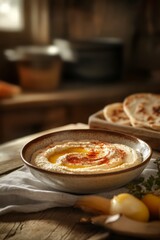 Creamy Hummus with Paprika and Olive Oil in Rustic Bowl serving dish dish photography food photography still life photography rustic table setting with spices and bread appetizers traditional cuisine