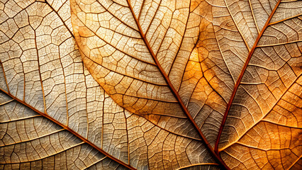 Obraz premium Close-up on Autumnal Elegance: A highly detailed macro shot showcases the intricate patterns and textures of a vibrant autumn leaf, revealing its delicate veins and earthy tones.