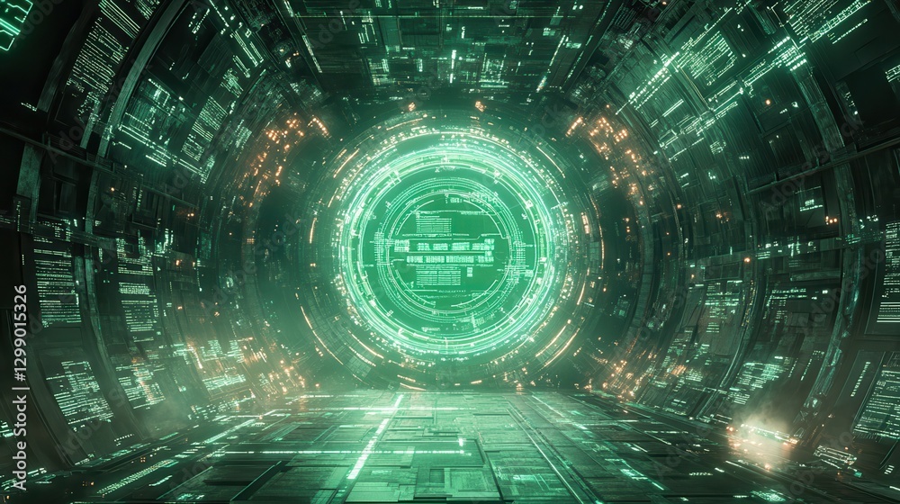 Poster cybersecurity network interface showing a digital fortress with advanced encryption and firewall tec