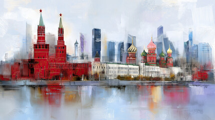 Obraz premium Colorful abstract moscow skyline with kremlin and st. basil's cathedral reflection