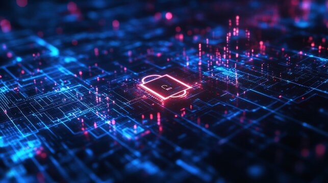 Data protection technology on the interface of a cyber security network. Ai security, Blockchain, Digital padlock, Internet-authorized access against cyber attacks. Concept of privacy for business