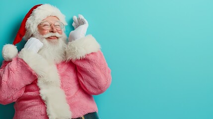 Obraz premium Cheerful Santa Claus in Pink Costume with Red Hat Posing Against Bright Blue Background