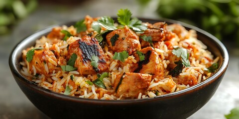 a bowl of rice with meat and vegetables