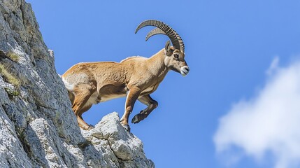 Strong and agile Ibex climbing a steep mountain ridge its curved horns towering above muscles tense as it balances effortlessly on the rocky ledge