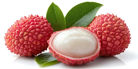 a group of red fruit with green leaves