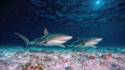 Underwater sharks swimming, coral reef background, marine life, photo opportunity