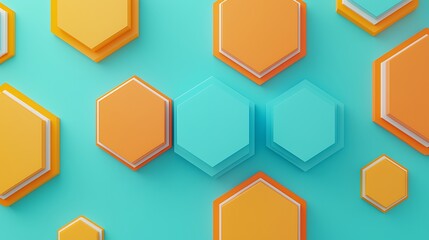 Vibrant Geometric Background with Layered Hexagons in Orange and Blue Tones on a Soft Turquoise Surface