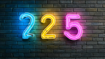 Neon number 225 on brick wall, night scene, digital art