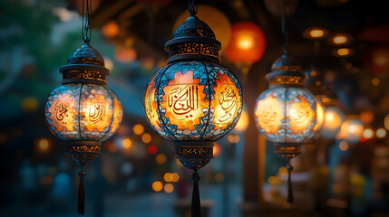 Colorful decorative lanterns illuminated at dusk in a vibrant market, creating a festive atmosphere