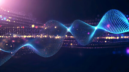 Abstract digital wave of glowing blue and purple dots with dynamic light and motion