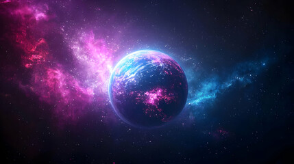 Obraz premium Glowing Blue Planet Surrounded By Vibrant Pink And Purple Nebula In Dark Space With Sparkling Stars