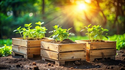 Vibrant young seedlings flourishing in rustic wooden planters, bathed in the warm glow of a setting sun, a symbol of growth and the beauty of nature's resilience