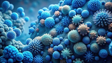 Microscopic Realm A Detailed Visualization of Diverse Cellular Structures with Intricate Surface Textures and Varied Forms in a Cool Color Palette