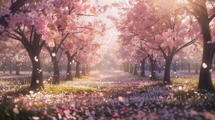 Naklejka premium Blooming cherry blossom trees in a park with